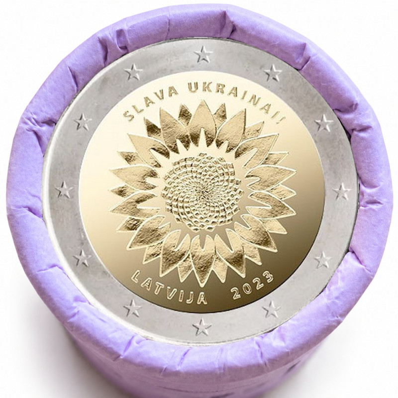 Rouleau de 25 pièces de 2 euros commémoratives – Lettonie 2023 – Tournesols Ukrainiens – recto