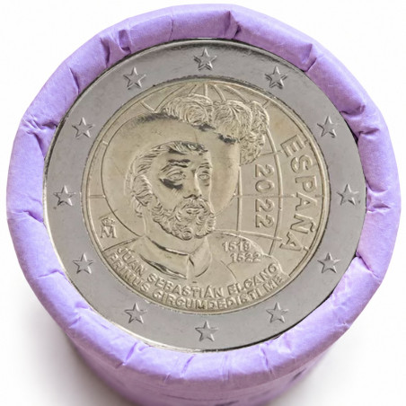 Rouleau de 25 pièces de 2 euros commémoratives – Espagne 2022 – 500 ans Tour du Monde à la voile – recto