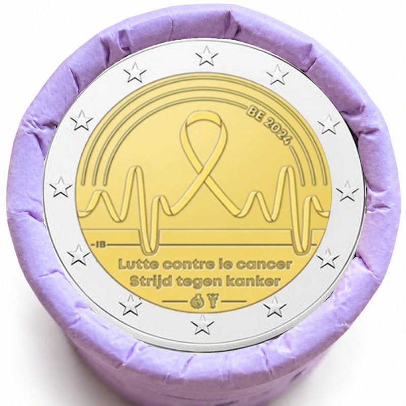 Rouleau de 25 pièces de 2 euros commémoratives – Belgique 2024 – Lutte contre le cancer – recto