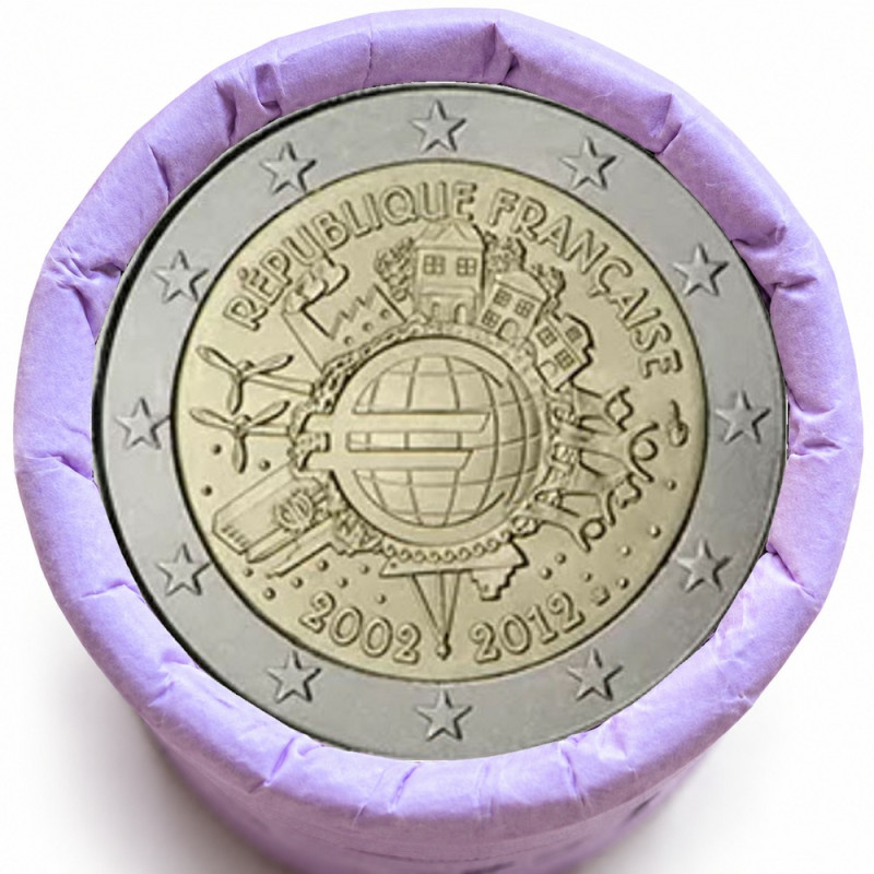 Rouleau de 25 pièces de 2 euros commémoratives – France 2012 – 10 ans de l'euro – recto