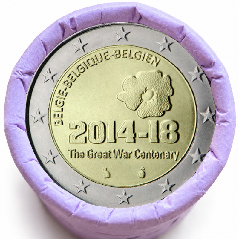 Rouleau de 25 pièces de 2 euros commémoratives – Belgique 2014 – 1ère guerre mondiale – recto