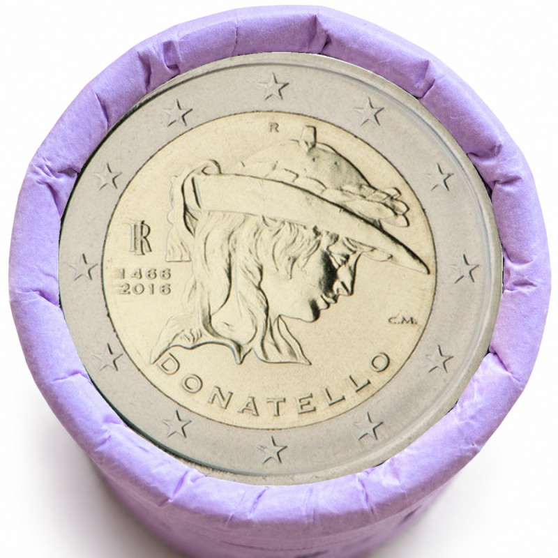 Rouleau de 25 pièces de 2 euros commémoratives – Italie 2016 – Donatello – recto