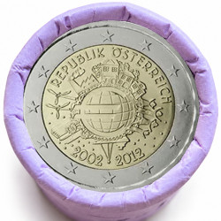 Rouleau de 25 pièces de 2 euros commémoratives – Autriche 2012 – 10 ans de l'euro – recto