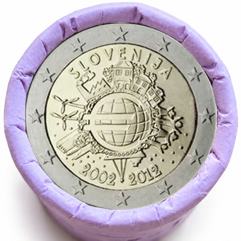 Rouleau de 25 pièces de 2 euros commémoratives – Slovénie 2012 – 10 ans de l'euro – recto