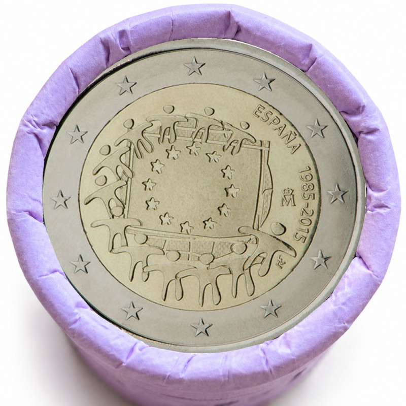 Rouleau de 25 pièces de 2 euros commémoratives – Espagne 2015 – 30 ans du drapeau européen – recto