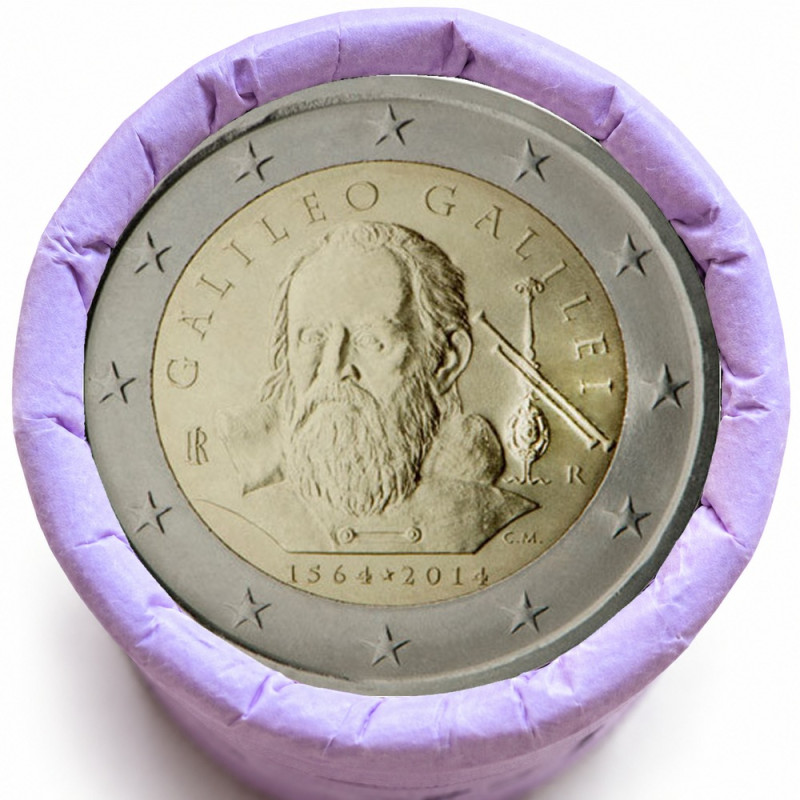 Rouleau de 25 pièces de 2 euros commémoratives – Italie 2014 – Galilée – recto