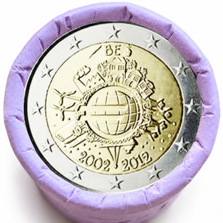 Rouleau de 25 pièces de 2 euros commémoratives – Belgique 2012 – 10 ans de l'euro – recto